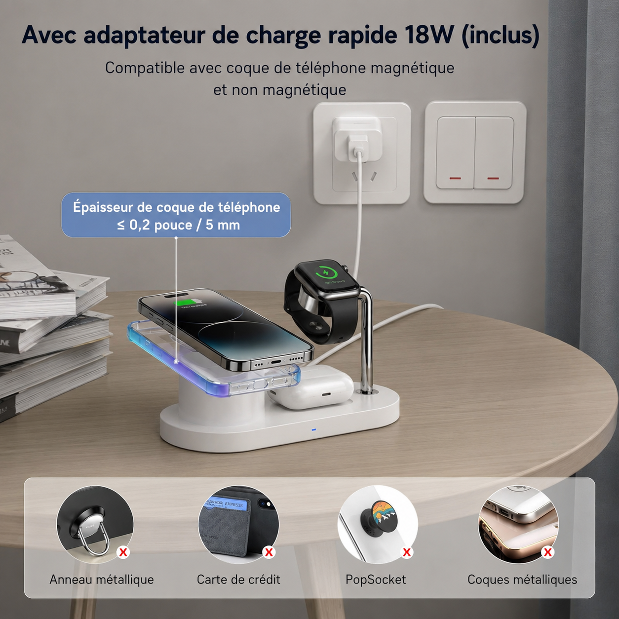 Station de Charge Sans Fil Magnétique 3-en-1 Verticale – Charge Rapide 18W