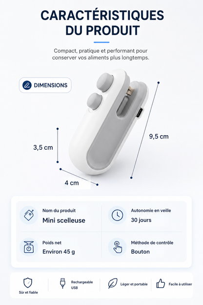 Mini Scelleuse Rechargeable 2-en-1 pour Sacs Alimentaires