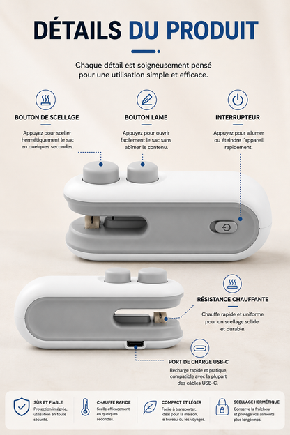 Mini Scelleuse Rechargeable 2-en-1 pour Sacs Alimentaires