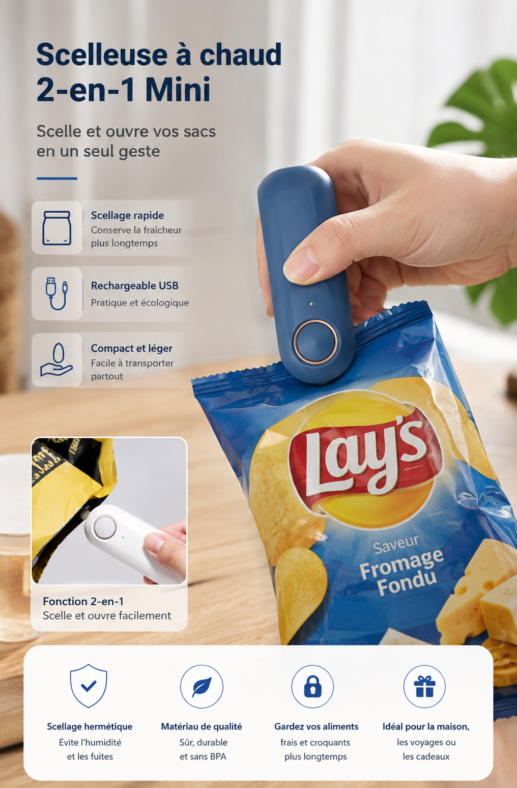Mini Scelleuse Rechargeable 2-en-1 pour Sacs Alimentaires